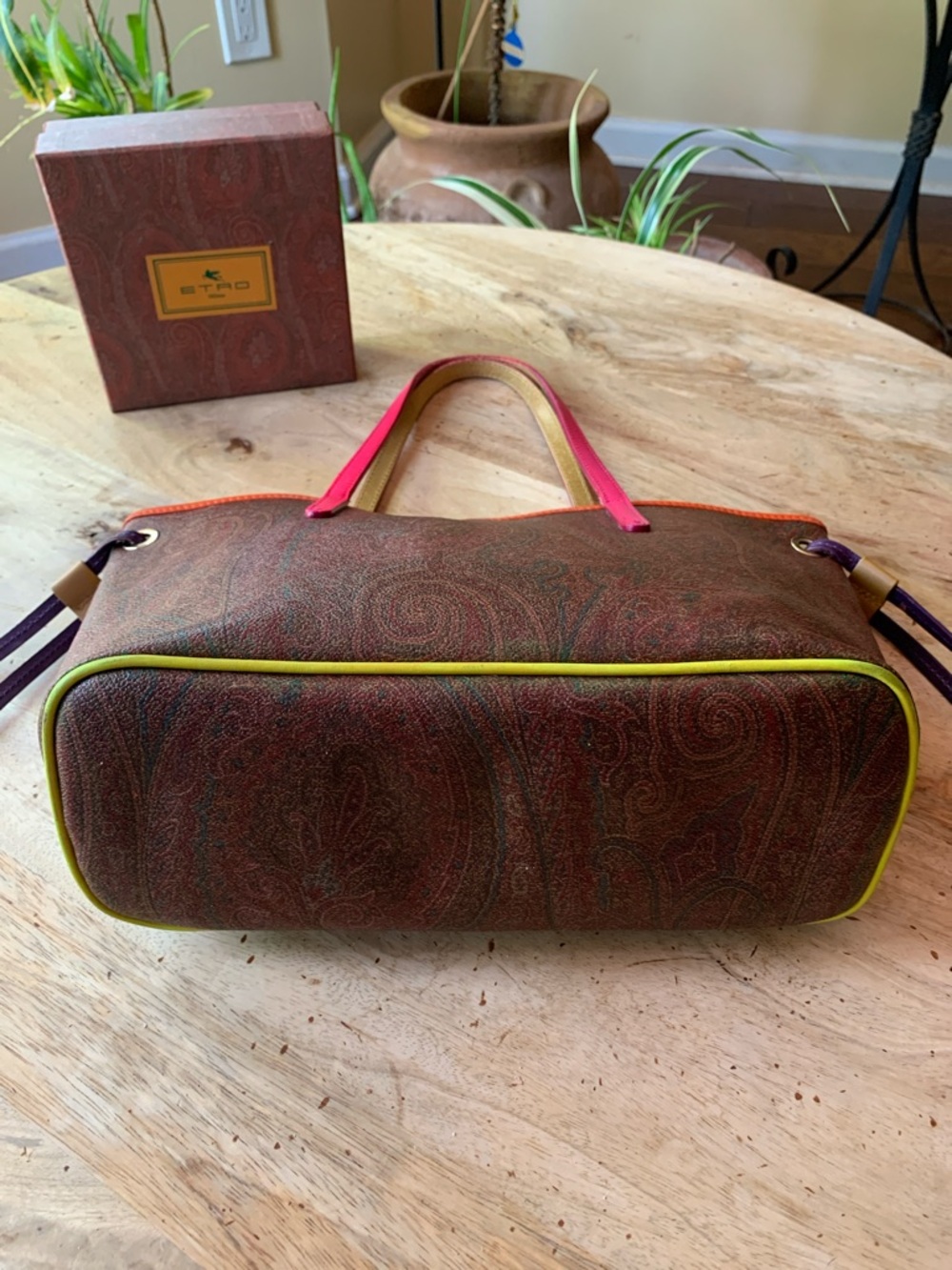 ETRO Paisley Shopping Tote with Pink Handles and Orange/Yellow Trim - Picture 10 of 17